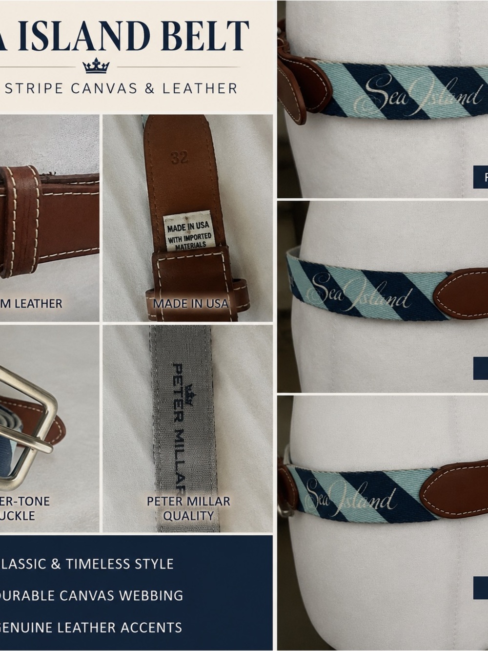 Peter Millar Sea Island Belt Men’s 32 Blue Stripe Preppy Golf Made USA